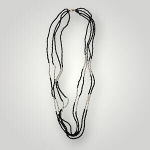 14K Gold Clasp Italy Multi Strand Necklace Black Bead & Pearl Long 74.1g 30 inch